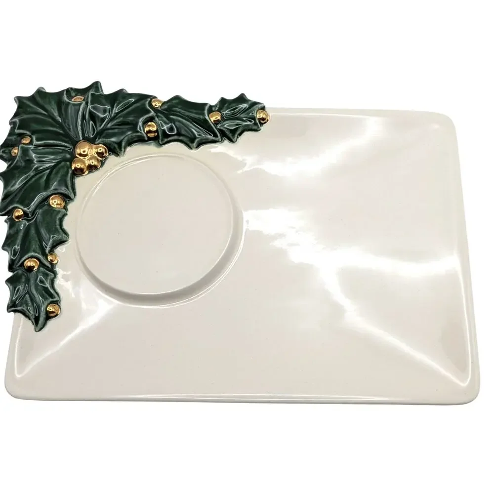 IRIS CERAMICS Holly Appetizer Plates Set 4 Drink Glass Holder Christmas Decor